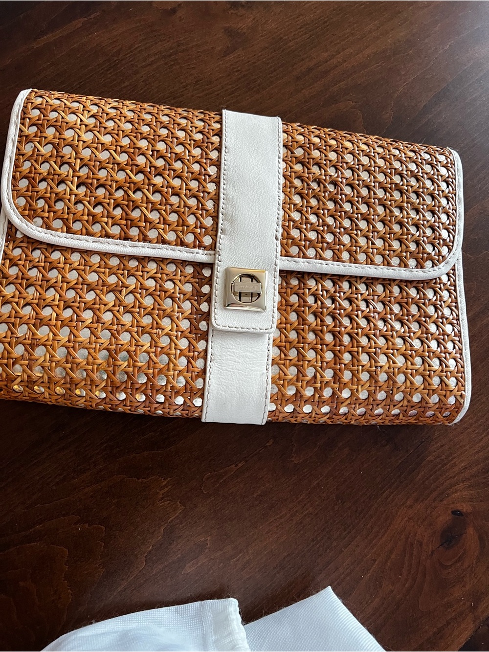 kate spade Woven Straw Clutch with White Trim and Gold Hardware